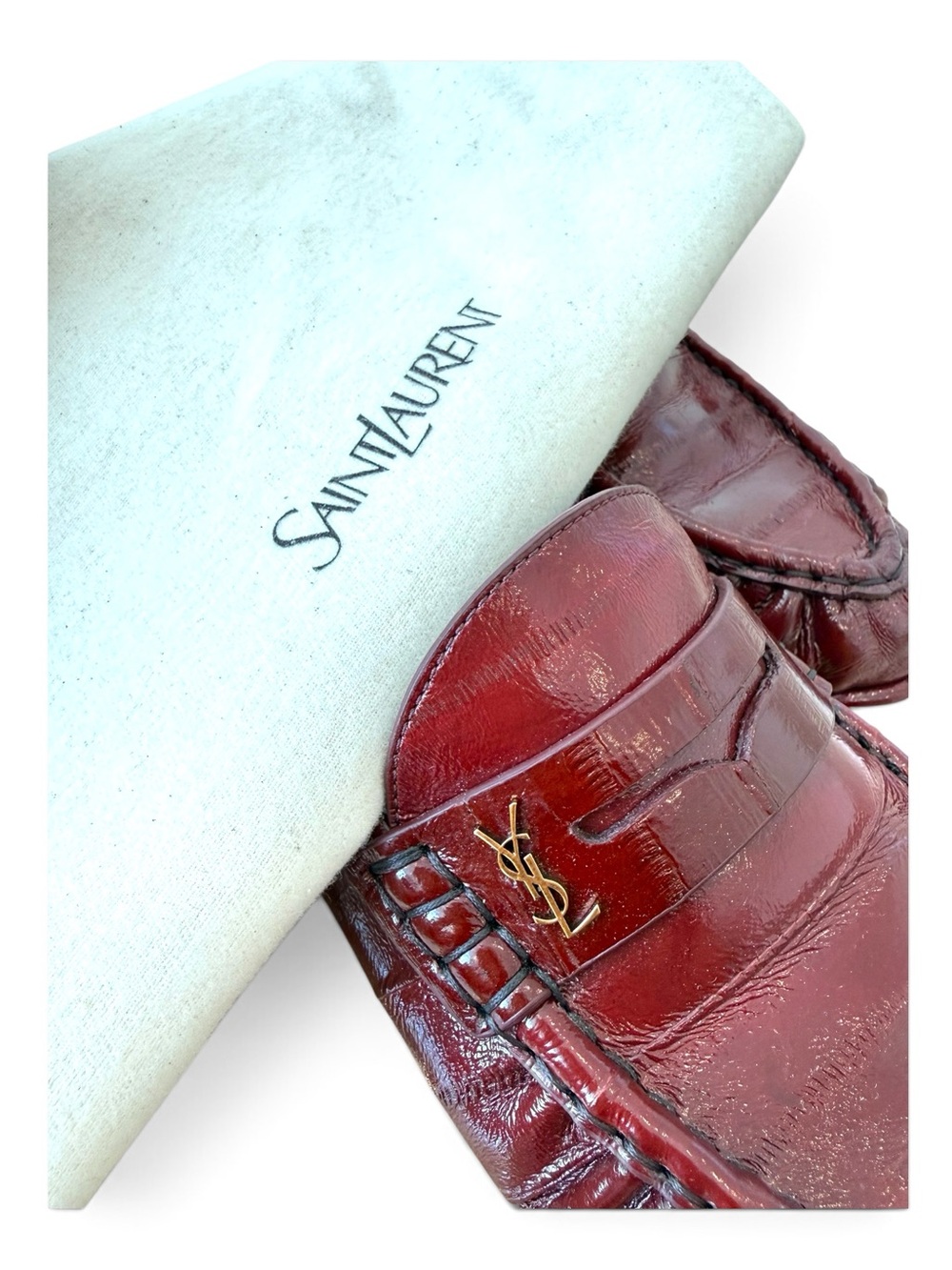 Saint Laurent Women's Burgundy Leather Penny Loafers with YSL Logo